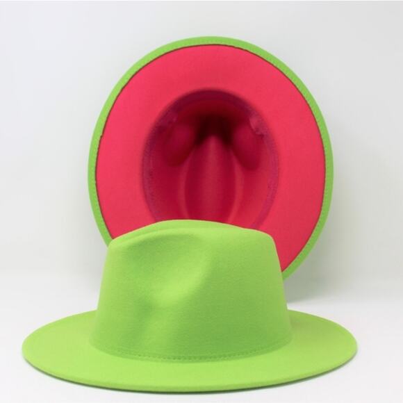 Fedora Hat Green Outside & Hot Pink Inside with Pink Emoji Headband - Picture 7 of 7